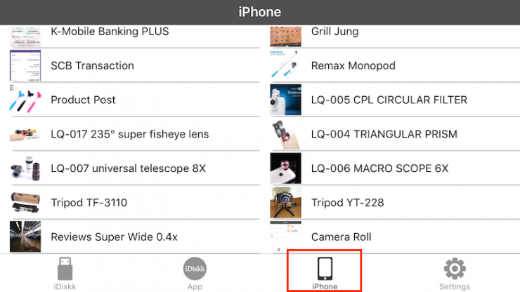 Lomo Clip Lens iDrive for ios LM 201 ไปตรง icon “iPhone” อัลบั้มรูปในมือถือเราจะโชว์ขึ้นมา จากนั้นเลือกไฟล์ภาพหรือวีดีโอที่เราต้องการจะนำไปใส่ไว้ใน iDrive